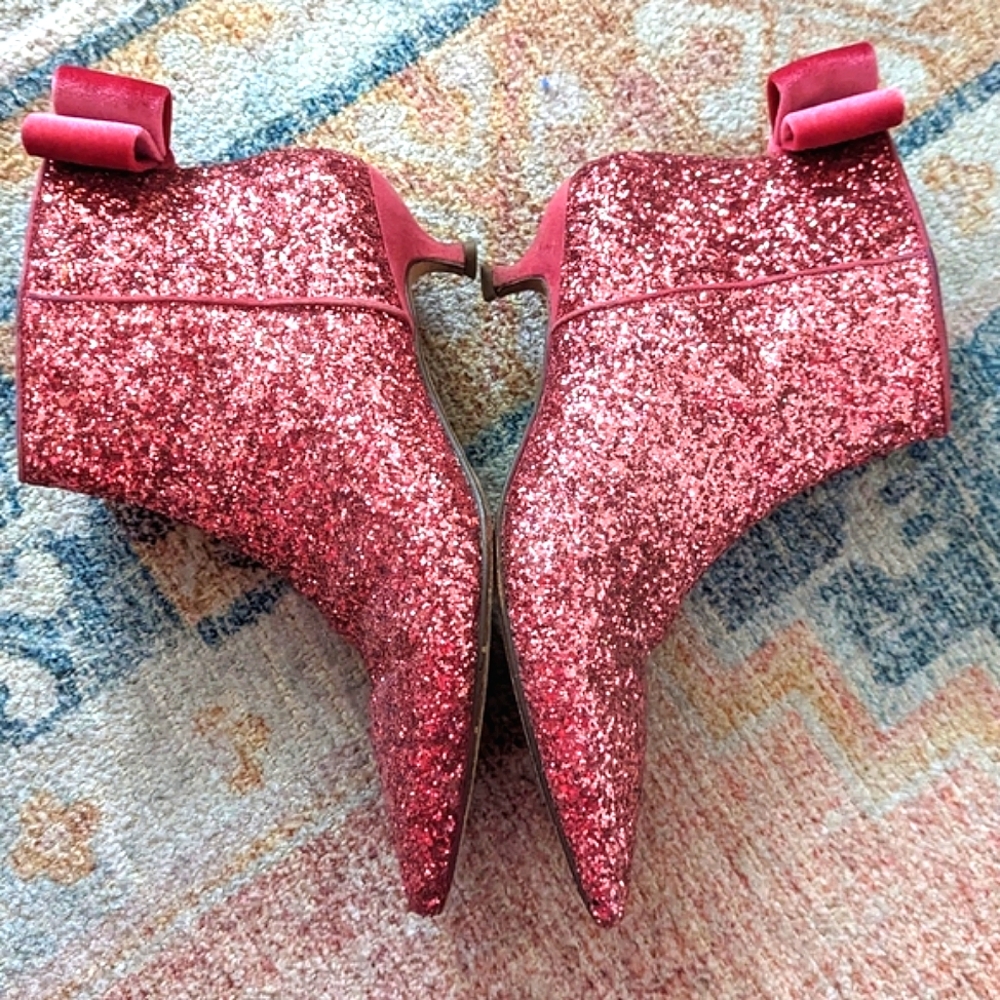 Kate Spade Bow Pink Glitter Ankle Kitten Heel Boots